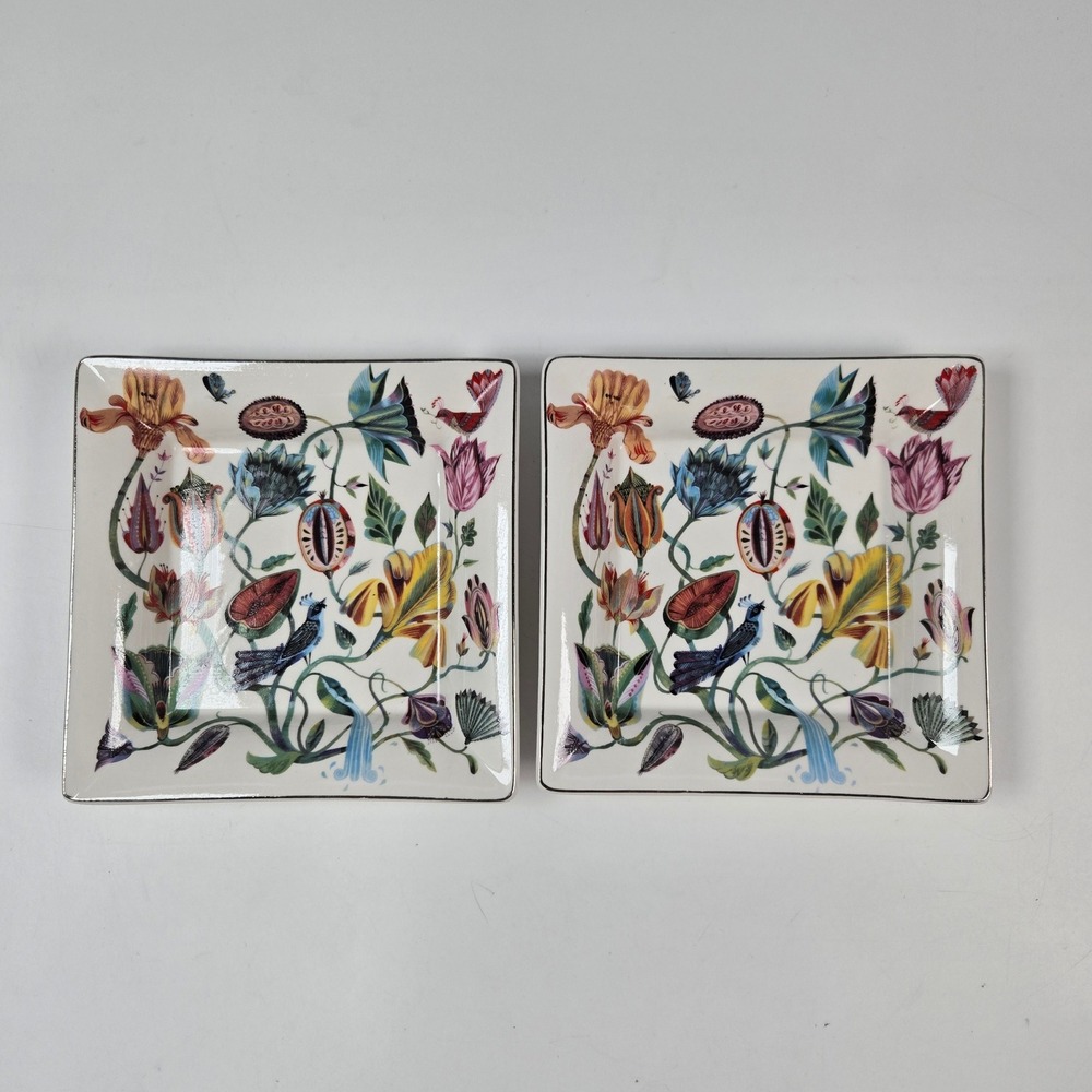 Zara Home Trinket Dish Set 2 Multicolor Botanical Floral Bird Decorative Tray